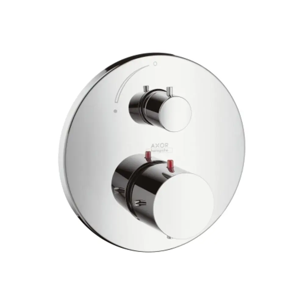 Thermostat mit zwei Bedienelementen auf runder Chrom-Oberfläche, hergestellt von AXOR. Eignet sich für die Unterputzmontage.